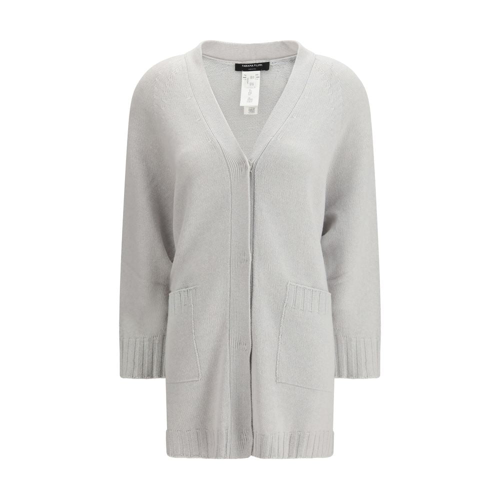 Cardigan by Fabiana Filippi for women in wool silk & capra leather gray showcases a captivating silhouette, artfully detailed with a captivating and v-neck neckline for a truly sophisticated captivating look.
