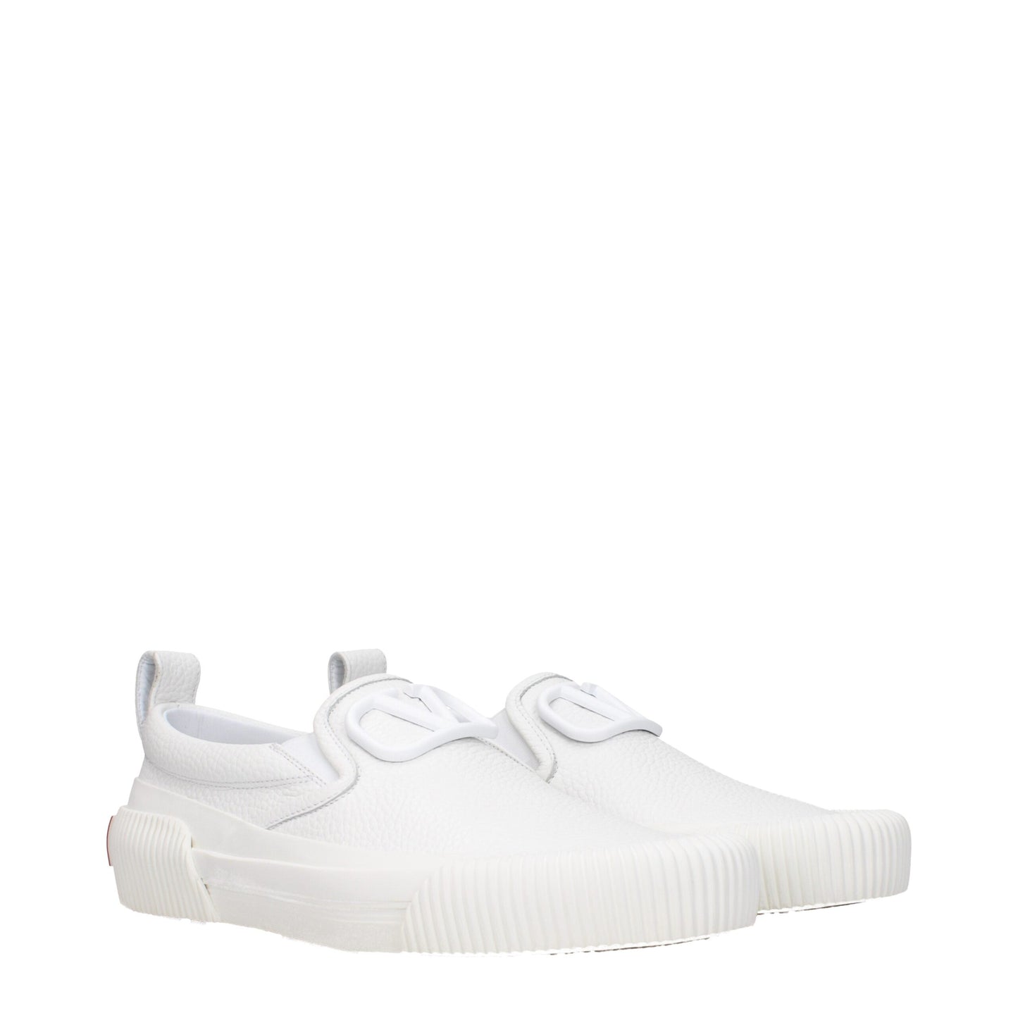 Flat Loafer Slip-On Shoes by Valentino Garavani for men in leather & rubber white features an effortless chic silhouette, showcasing the Men's Leather & Rubber Flat Loafer Slip-On Shoes design with an effortless chic flat and a round toe style for a effortless chic look.