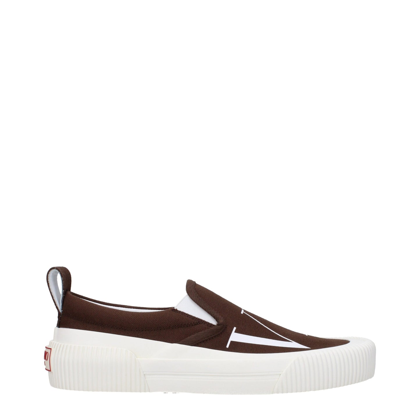 Flat Loafer Slip-On Shoes by Valentino Garavani for men in rubber & fabric brown features an ergonomic silhouette, perfectly showcasing Men's Rubber & Fabric Flat Loafer Slip-On Shoes with its distinct flat and elegant round toe style.