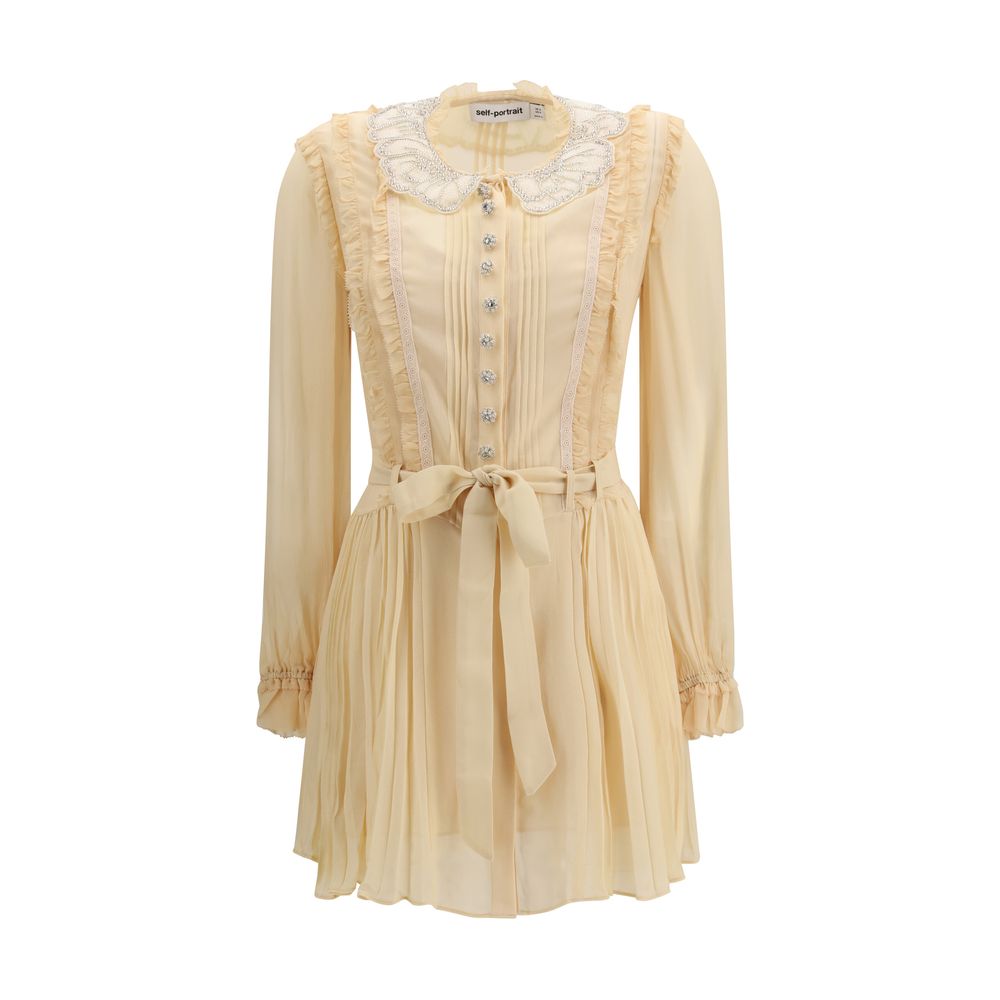 Dress by Self-Portrait for women in polyester & viscose cream features an sultry silhouette defined by a and long-sleeve, falling to an sultry short mini for a sultry look.