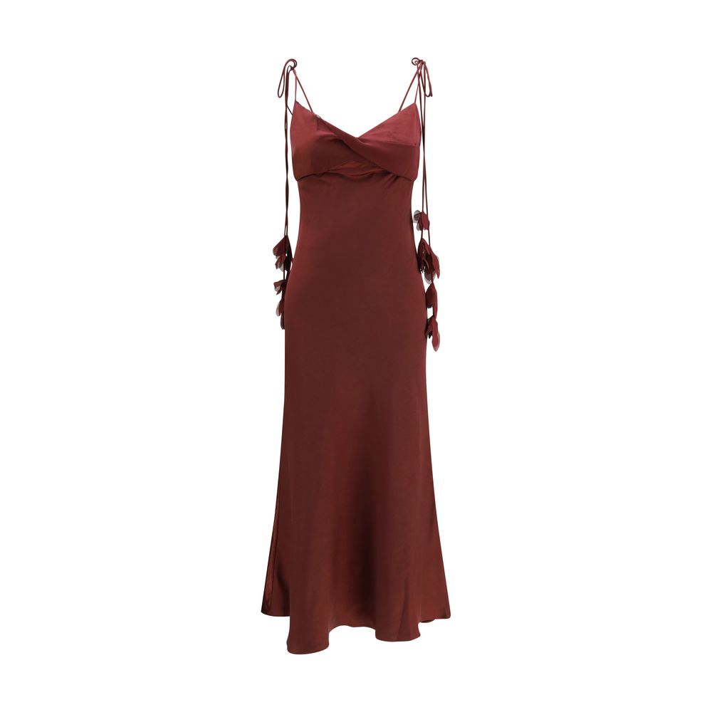 Dress by Self-Portrait for women in polyester satin bordeaux, burgundy, patterned & floral features a dramatic silhouette, showcasing an elegant and that flows into a dramatic midi.