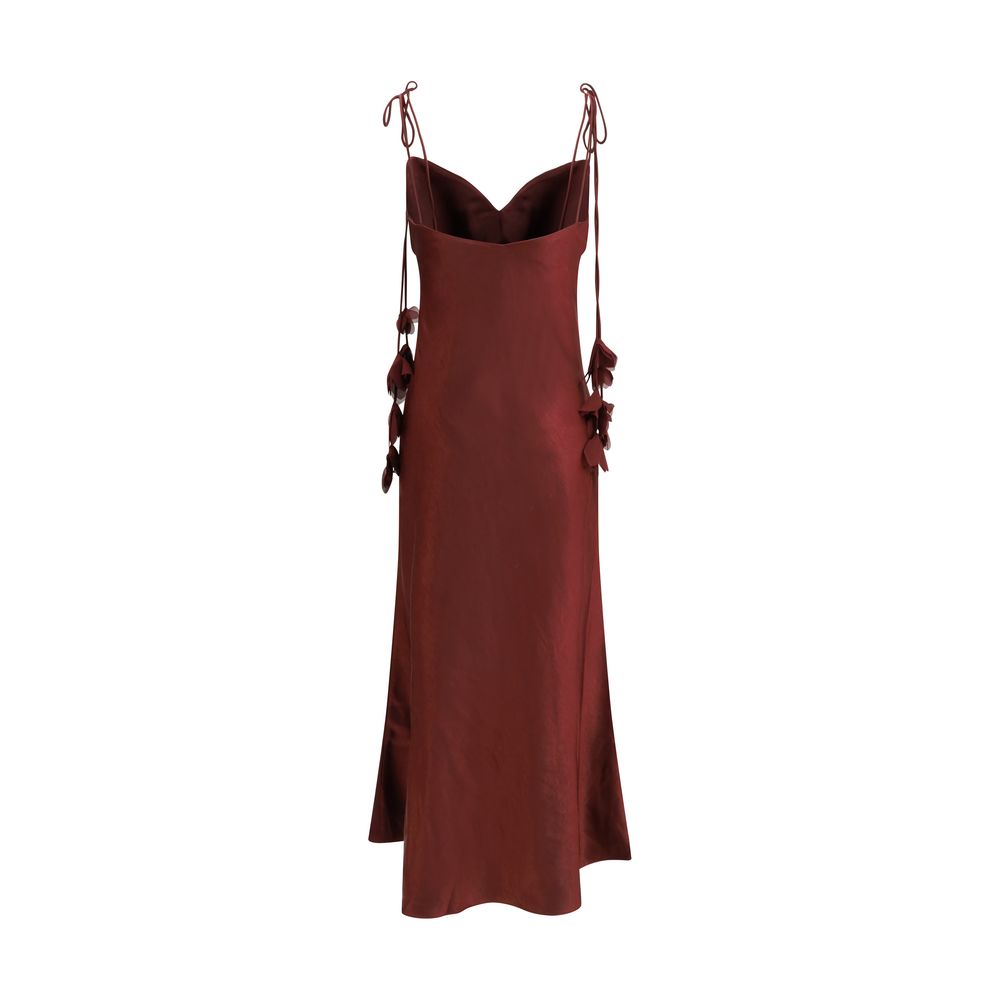 Dress by Self-Portrait for women in polyester satin bordeaux, burgundy, patterned & floral features an eye catching silhouette with a sophisticated , elegant , and a refined midi for a eye catching aesthetic.