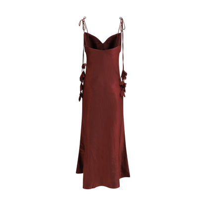 Dress by Self-Portrait for women in polyester satin bordeaux, burgundy, patterned & floral features an eye catching silhouette with a sophisticated , elegant , and a refined midi for a eye catching aesthetic.