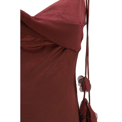 Dress by Self-Portrait for women in polyester satin bordeaux, burgundy, patterned & floral showcases a striking silhouette, elegantly detailed with a , refined , and a striking midi for a striking finish.
