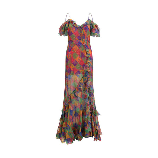 Dress by Etro for women in polyester silk & chiffon multicolor, patterned, paisley & floral features a dramatic silhouette, showcasing an elegant v-neck asymmetric neckline and sleeveless that flows into a dramatic long.