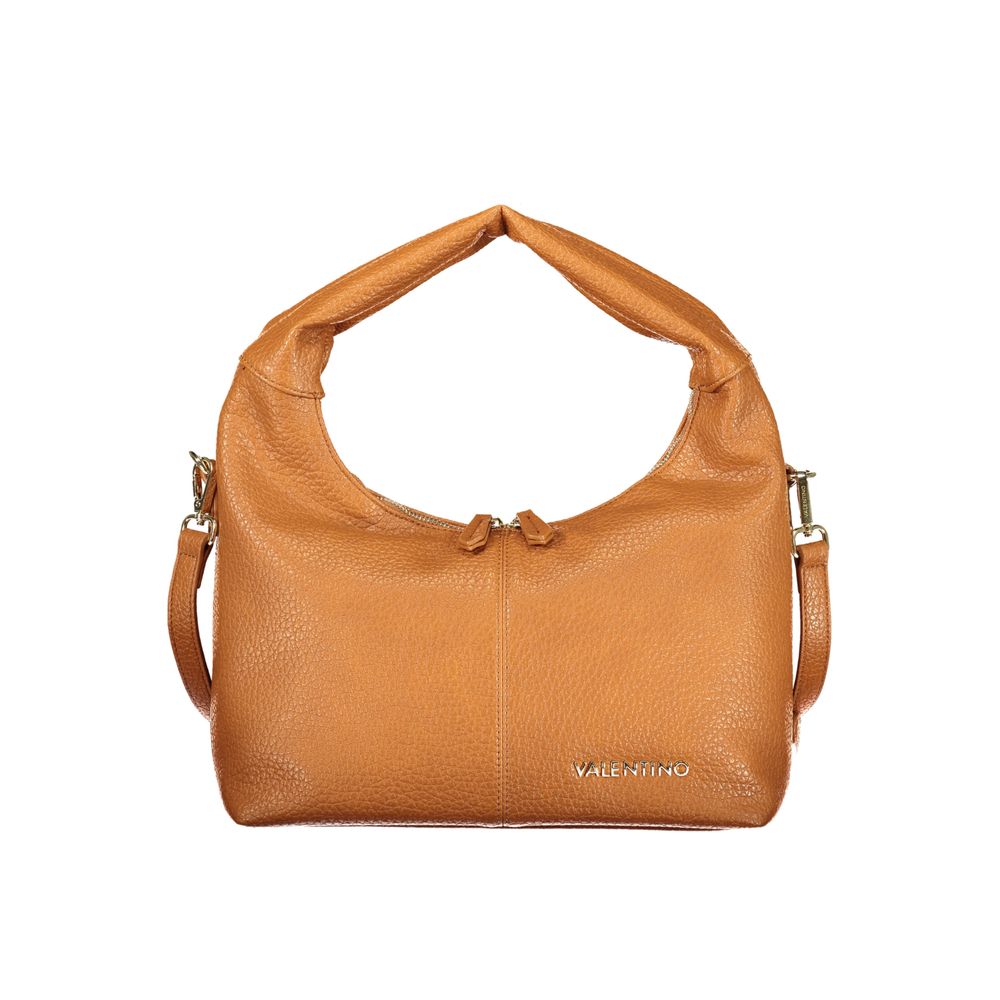 This Handbag by Mario Valentino for women in polyurethane and brown presents a sculptural silhouette featuring a secure zipper, ample document-holder & internal-pockets, and versatile shoulder-strap, adjustable-strap & handle for a sculptural finish.