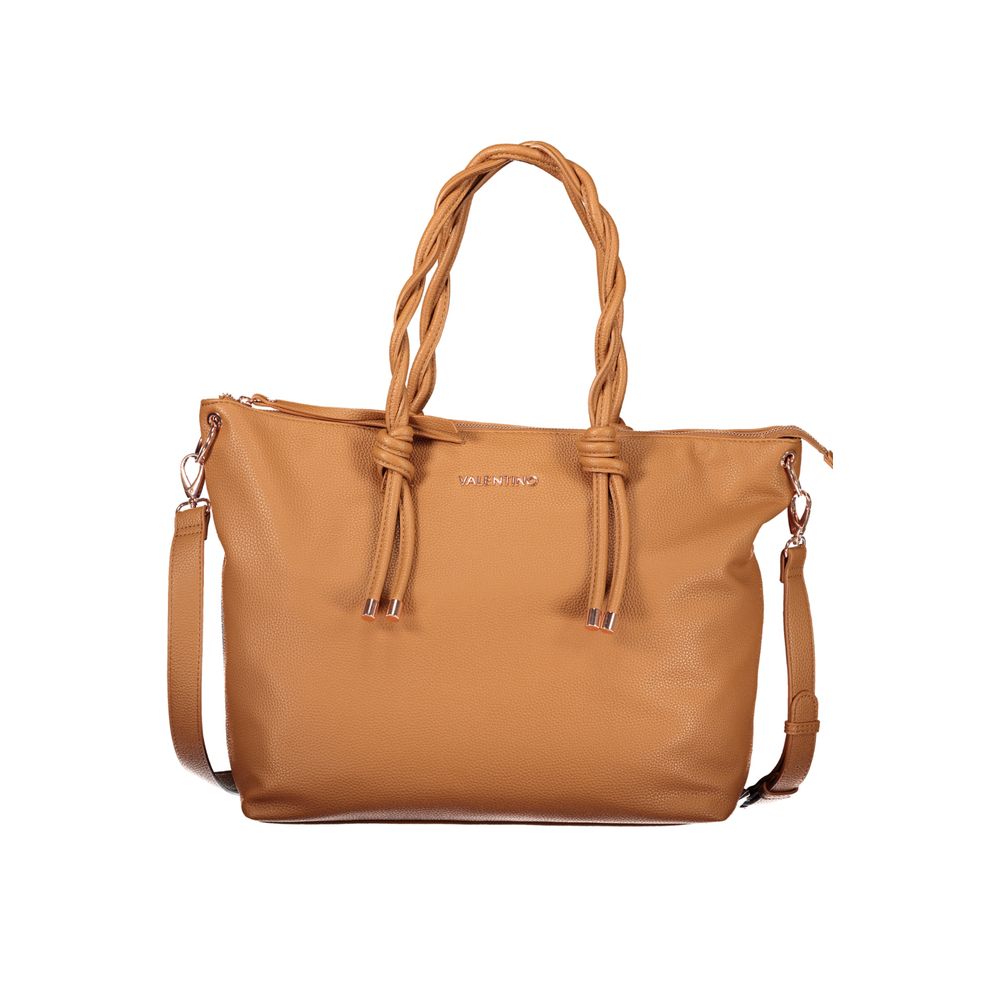 Handbag by Mario Valentino for women in polyurethane brown features a signature silhouette, showcasing a secure zipper and signature document-holder & internal-pockets with versatile shoulder-strap, handle & adjustable-strap for a sophisticated look.