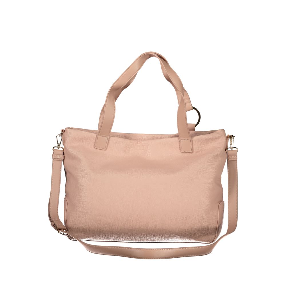 Tote Handbag by Mario Valentino for women in polyurethane beige, pink & signature features a ornamental silhouette, showcasing a secure zipper, ample internal-pockets, and ornamental adjustable-strap & handle for a sophisticated look.