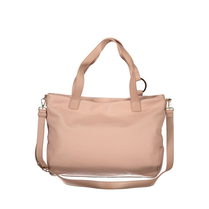 Tote Handbag by Mario Valentino for women in polyurethane beige, pink & signature features a ornamental silhouette, showcasing a secure zipper, ample internal-pockets, and ornamental adjustable-strap & handle for a sophisticated look.