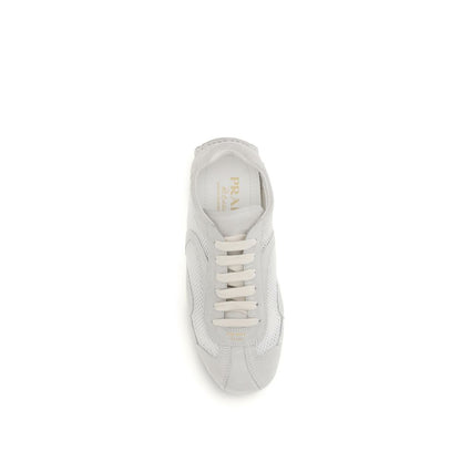 Sneakers by Prada for women in bos taurus suede calf leather white features an fashionable silhouette, showcasing the premium Women's Low Top Bos Taurus Suede Calf Leather Sneakers in a fashionable low-top style that offers a fashionable finish for refined style.