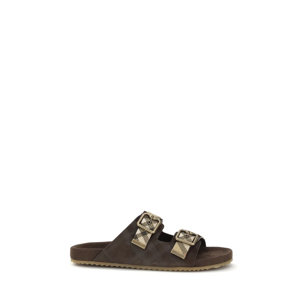Burberry Men's Bos Taurus Calf Suede Leather Flat Sandals - Brown Patterned Jacquard