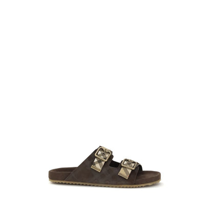 Burberry Men's Bos Taurus Calf Suede Leather Flat Sandals - Brown Patterned Jacquard