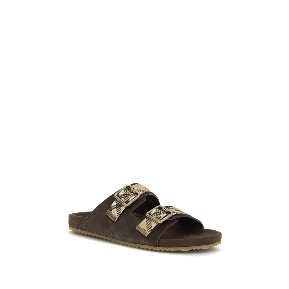 Burberry Men's Bos Taurus Calf Suede Leather Flat Sandals - Brown Patterned Jacquard