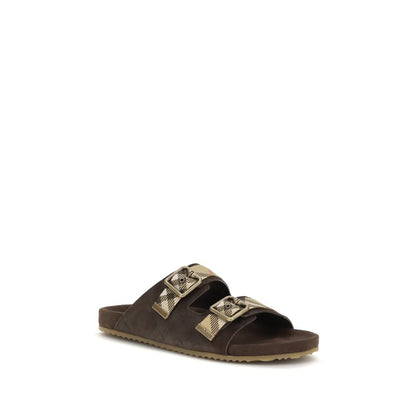 Burberry Men's Bos Taurus Calf Suede Leather Flat Sandals - Brown Patterned Jacquard