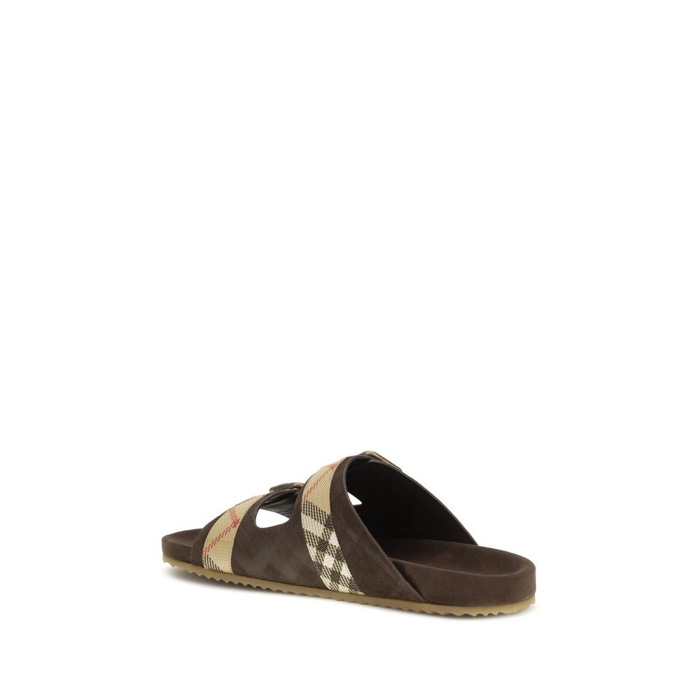 Burberry Men's Bos Taurus Calf Suede Leather Flat Sandals - Brown Patterned Jacquard