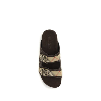 Burberry Men's Bos Taurus Calf Suede Leather Flat Sandals - Brown Patterned Jacquard