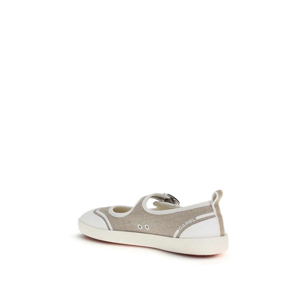 Ballet Flat Shoes by Carel Paris for women in cotton canvas beige & checkered showcases a dynamic silhouette, artfully capturing Women's Cotton Canvas Ballet Flat Shoes through its distinctive and elegant .