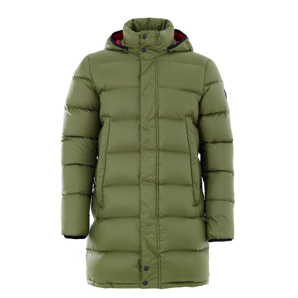 This Hooded Puffer Jacket by Moose Knuckles for men in nylon cotton military-green exhibits a edgy silhouette, meticulously detailed with functional pockets, hooded & insulated and a edgy hooded neckline for a edgy finish.
