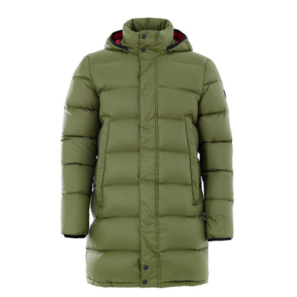 This Hooded Puffer Jacket by Moose Knuckles for men in nylon cotton military-green exhibits a edgy silhouette, meticulously detailed with functional pockets, hooded & insulated and a edgy hooded neckline for a edgy finish.