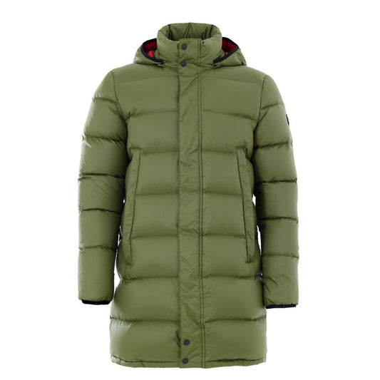 This Hooded Puffer Jacket by Moose Knuckles for men in nylon cotton military-green exhibits a edgy silhouette, meticulously detailed with functional pockets, hooded & insulated and a edgy hooded neckline for a edgy finish.