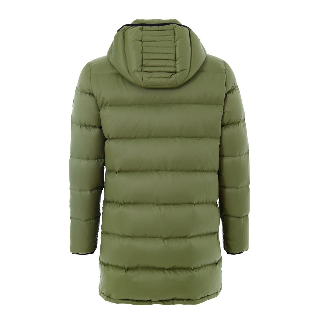 Hooded Puffer Jacket by Moose Knuckles for men in nylon cotton military-green features a city-ready silhouette, detailed with pockets, hooded & insulated and a city-ready hooded neckline.