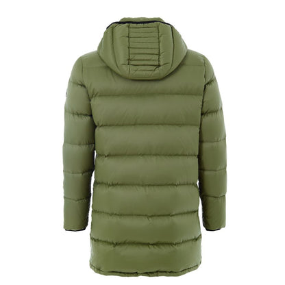 Hooded Puffer Jacket by Moose Knuckles for men in nylon cotton military-green features a city-ready silhouette, detailed with pockets, hooded & insulated and a city-ready hooded neckline.