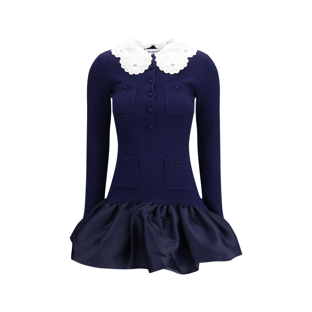 Dress by Self-Portrait for women in polyamide polyester & viscose blue & patterned presents a sinuous silhouette, showcasing a sophisticated and long-sleeve detailed with a sinuous short mini for a refined finish.