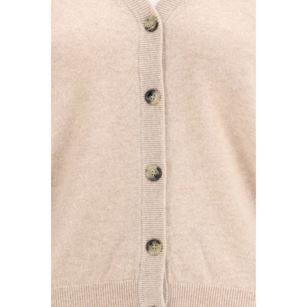 Cardigan by Allude for women in cashmere & capra leather cream features a dramatic silhouette, showcasing a sophisticated and dramatic detail for a timeless, premium look.