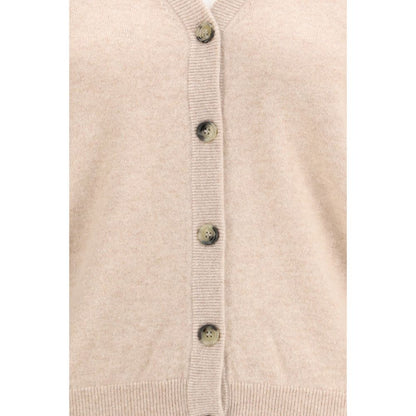 Cardigan by Allude for women in cashmere & capra leather cream features a dramatic silhouette, showcasing a sophisticated and dramatic detail for a timeless, premium look.
