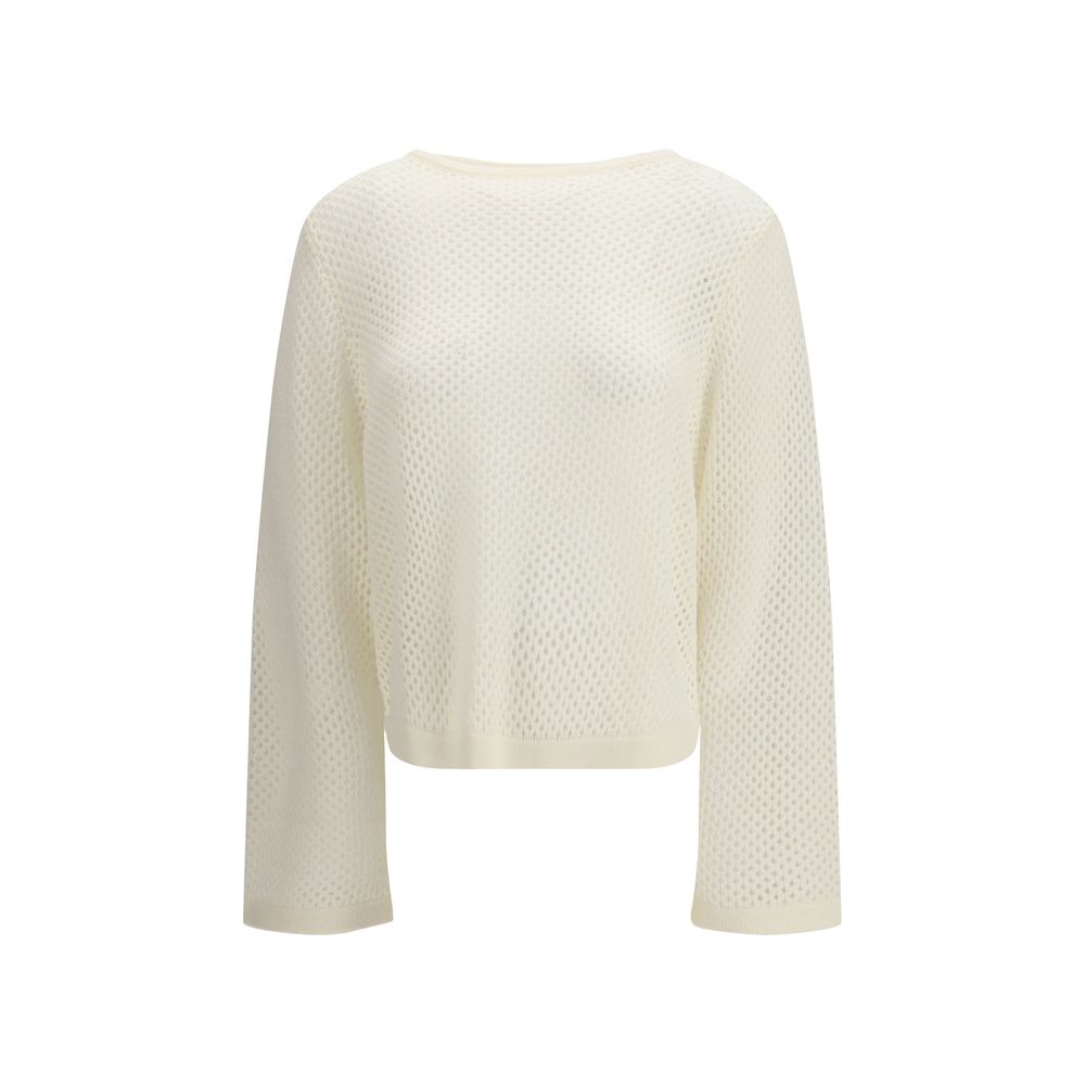 Sweatshirt by Allude for women in virgin cashmere wool & capra leather white features a unrivaled silhouette with a refined boat neckline and unrivaled detailing for a sophisticated look.
