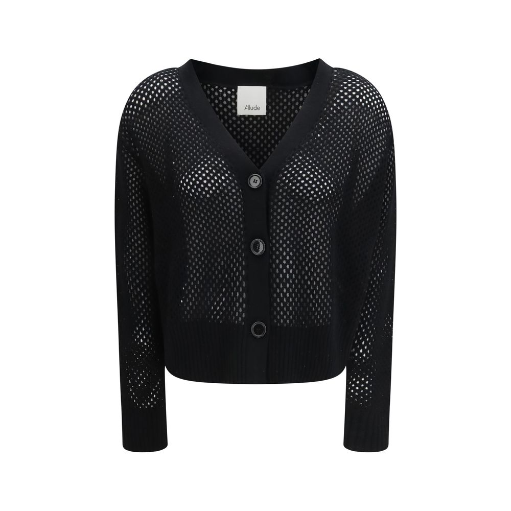 Cardigan by Allude for women in cashmere virgin wool black showcases a captivating silhouette, artfully detailed with a captivating and v-neck neckline for a truly sophisticated captivating look.