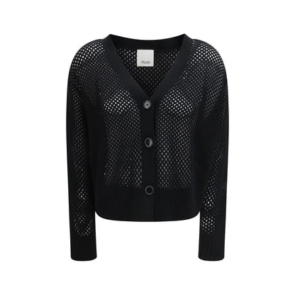 Cardigan by Allude for women in cashmere virgin wool black showcases a captivating silhouette, artfully detailed with a captivating and v-neck neckline for a truly sophisticated captivating look.