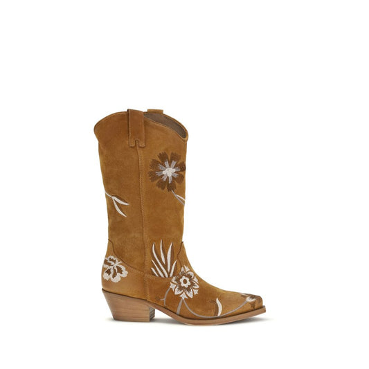 Ankle Cowboy Boots by P.A.R.O.S.H. for women in bos taurus calf suede leather brown & floral features an avant-garde Women's Bos Taurus Calf Suede Leather Ankle Cowboy Boots silhouette, defined by a sophisticated and a avant-garde .