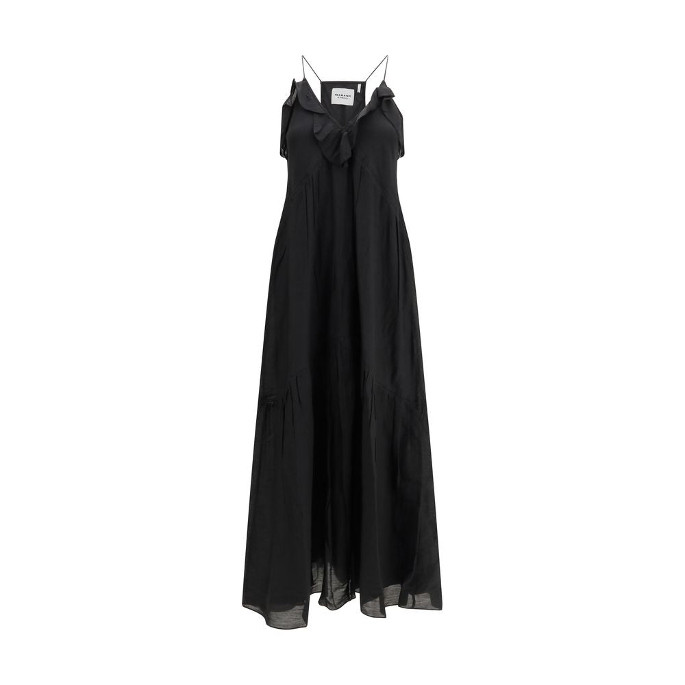 Dress by Isabel Marant Étoile for women in organic cotton & viscose black features a dramatic silhouette, showcasing an elegant v-neck asymmetric neckline and sleeveless that flows into a dramatic long.
