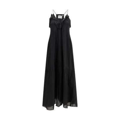 Dress by Isabel Marant Étoile for women in organic cotton & viscose black features a dramatic silhouette, showcasing an elegant v-neck asymmetric neckline and sleeveless that flows into a dramatic long.
