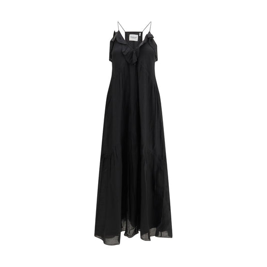 Dress by Isabel Marant Étoile for women in organic cotton & viscose black features a dramatic silhouette, showcasing an elegant v-neck asymmetric neckline and sleeveless that flows into a dramatic long.