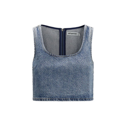 Activewear T-Shirt by Self-Portrait for women in cotton denim & rhinestone blue features a sporty silhouette with and , showcasing innovative for a sporty finish.