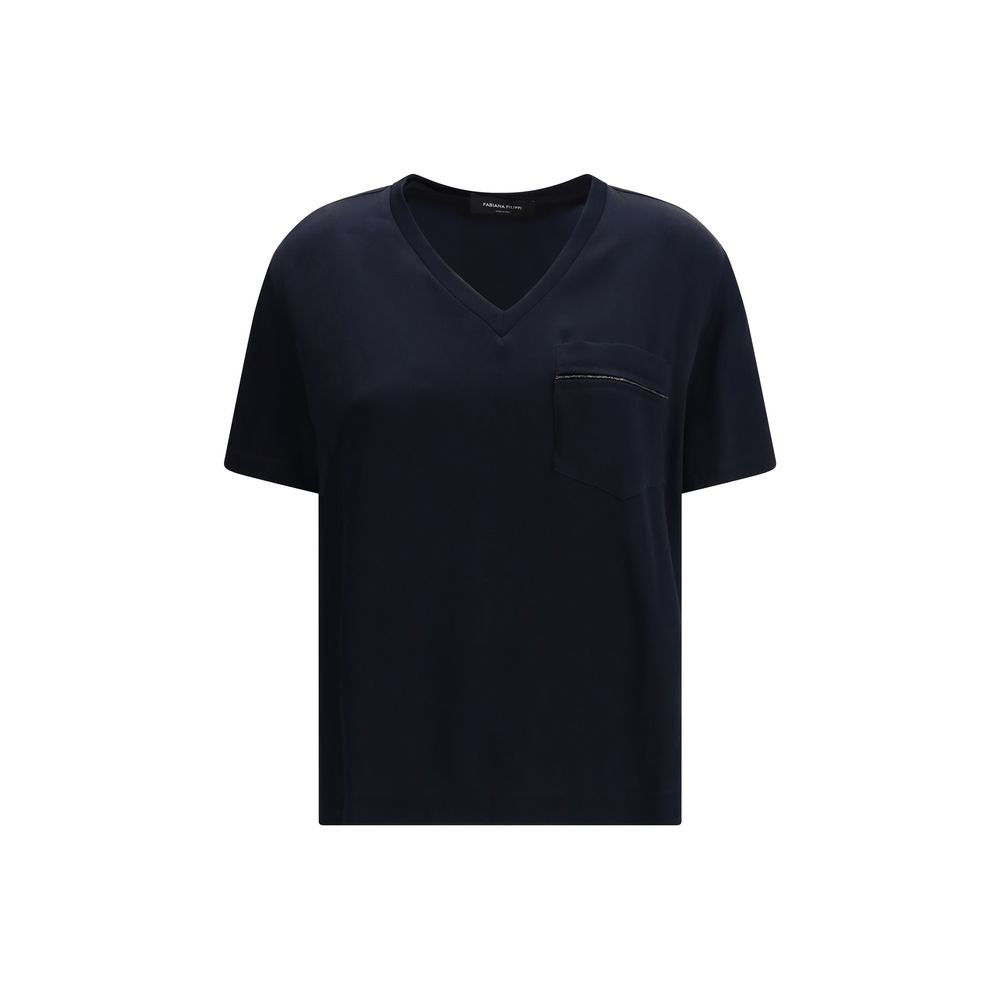T-Shirt by Fabiana Filippi for women in acetate & viscose blue & signature features an edgy silhouette, meticulously detailed with a sophisticated and v-neck neckline for a truly edgy finish.