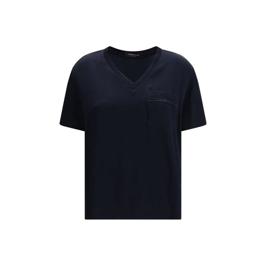T-Shirt by Fabiana Filippi for women in acetate & viscose blue & signature features an edgy silhouette, meticulously detailed with a sophisticated and v-neck neckline for a truly edgy finish.