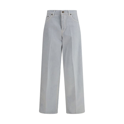 Jeans by Haikure for women in linen cotton denim twill light-blue & white presents a tailored silhouette, showcasing a tailored straight-leg, relaxed-fit, regular-fit & oversized and long cut with a refined for a truly tailored aesthetic.