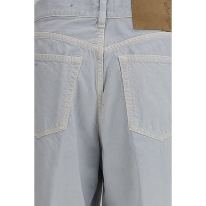 Jeans by Haikure for women in linen cotton denim twill light-blue & white presents a refined pantology silhouette, artfully defined by a refined pantology straight-leg, relaxed-fit, regular-fit & oversized, long, and a sophisticated .