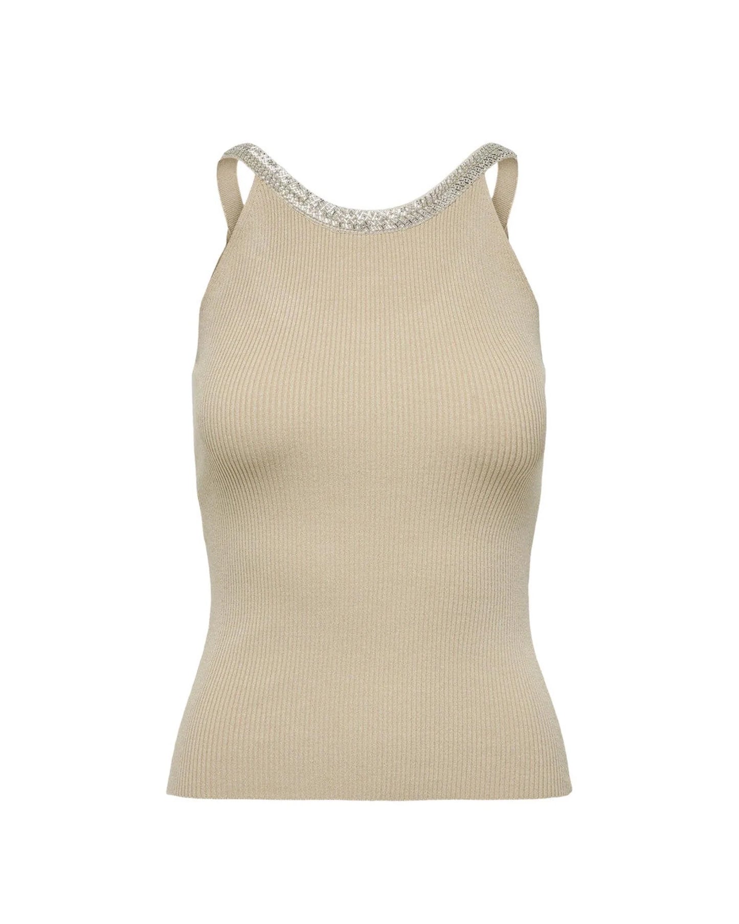 Tank Top by Only for women in stretch viscose & nylon beige showcases a streamlined Women's Round Neck Stretch Viscose & Nylon Tank Top design with a streamlined sleeveless and round neckline.