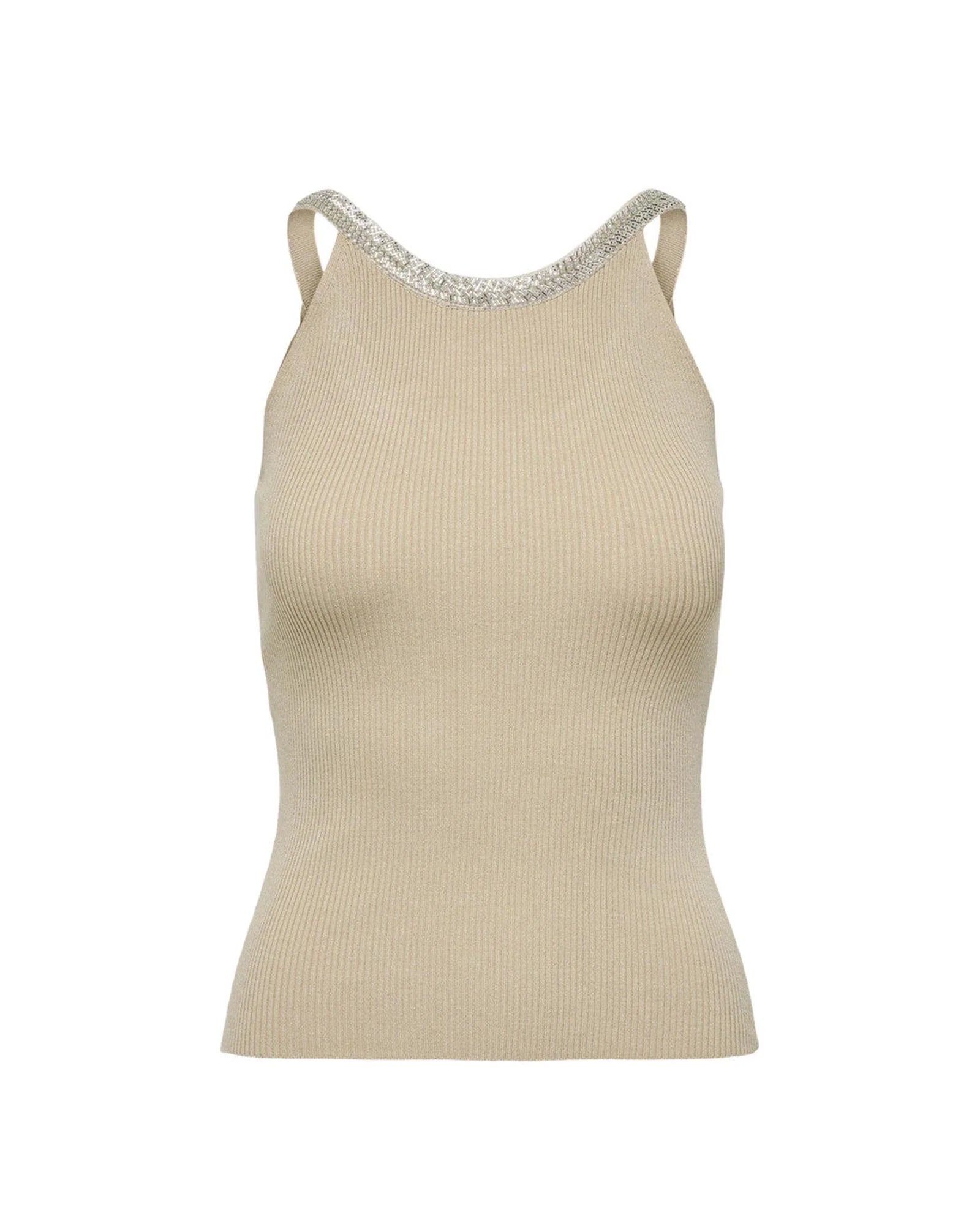 Tank Top by Only for women in stretch viscose & nylon beige showcases a streamlined Women's Round Neck Stretch Viscose & Nylon Tank Top design with a streamlined sleeveless and round neckline.