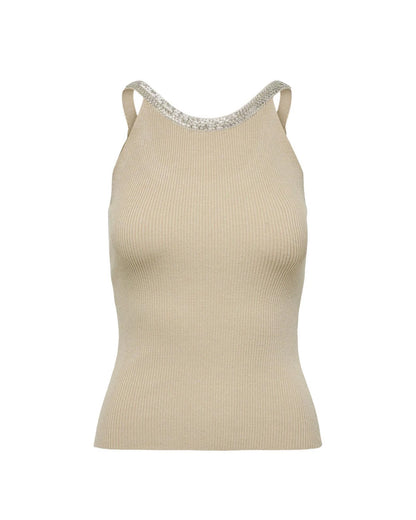 Tank Top by Only for women in stretch viscose & nylon beige showcases a streamlined Women's Round Neck Stretch Viscose & Nylon Tank Top design with a streamlined sleeveless and round neckline.