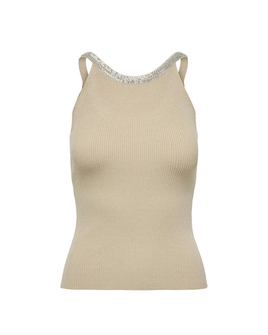 Tank Top by Only for women in stretch viscose & nylon beige showcases a streamlined Women's Round Neck Stretch Viscose & Nylon Tank Top design with a streamlined sleeveless and round neckline.