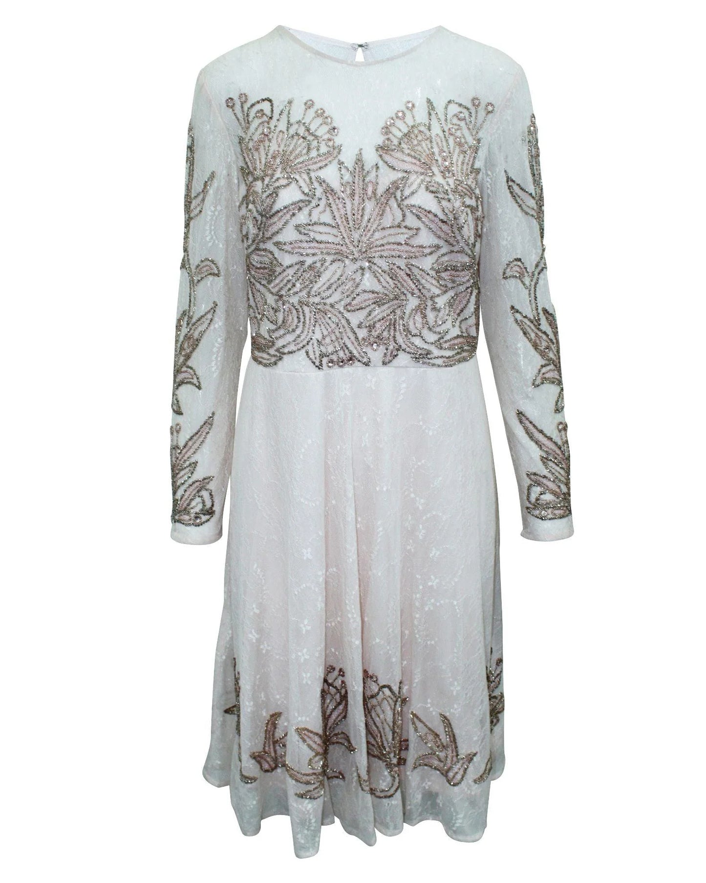 Dress by Aidan Mattox for women in silk multicolor, pink & patterned features an cute silhouette, detailed with a long-sleeve and that elegantly flows into a cute midi.