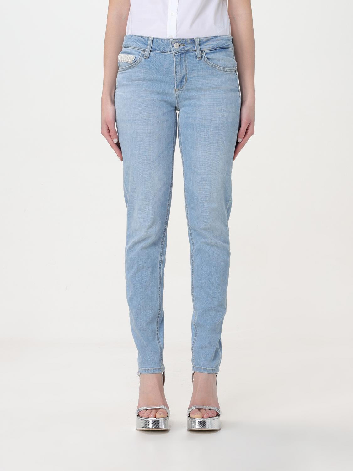 Jeans by Liu Jo for women in denim cotton blue features a polished silhouette with a polished straight-leg, reaching a polished long and finished with a polished .