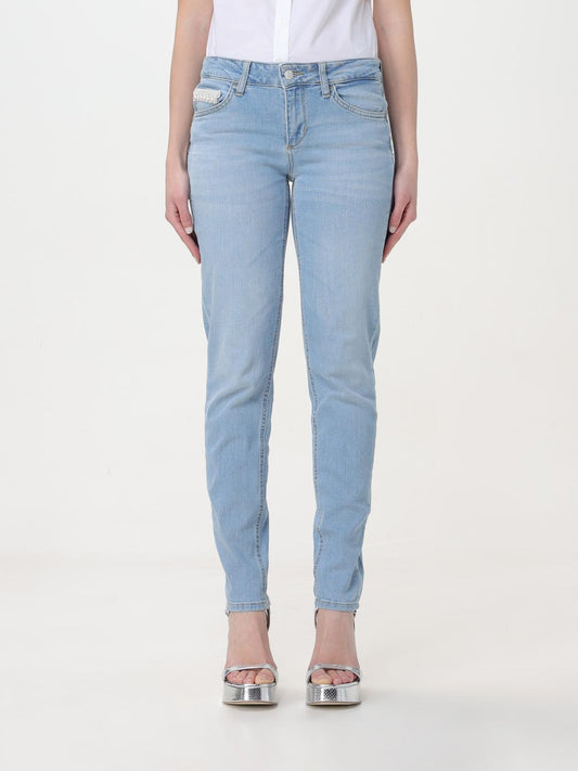 Jeans by Liu Jo for women in denim cotton blue features a polished silhouette with a polished straight-leg, reaching a polished long and finished with a polished .