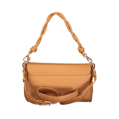 Handbag by Mario Valentino for women in polyurethane brown features a signature silhouette, showcasing a secure snap & zipper and signature document-holder & internal-pockets with versatile adjustable-strap, detachable-strap & handle for a sophisticated look.