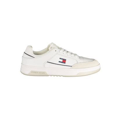 Athletic Sneakers by Tommy Hilfiger for men in polyester polyurethane leather blue & white showcases a architectural silhouette, artfully capturing the essence of the Men's Athletic Polyester Polyurethane Leather Sneakers with its signature architectural athletic style construction.